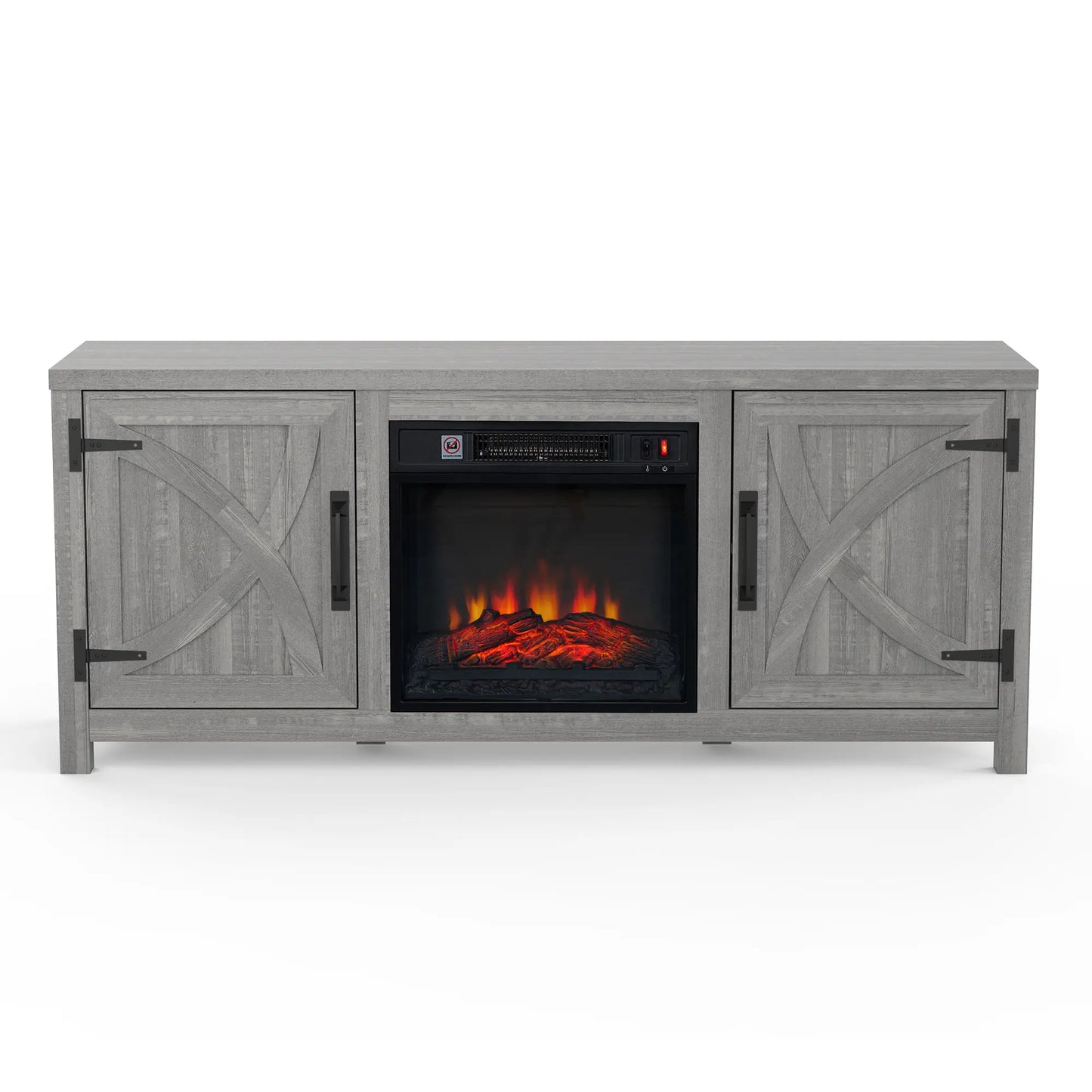 58" Farmhouse TV Stand with 18" Insert Electric Fireplace for Living Room Rustic White Brown Grey Finish PARROT UNCLE MDF Laminate Construction Modern Appeal Christmas Halloween