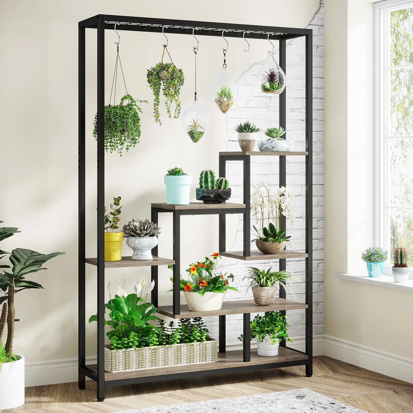 Large 5-Tier Indoor Plant Stand Tall with 10 PCS Hanging Hooks, Organiser, Metal Rack Shelf Decoration by Tribesigns