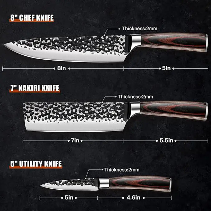 3PCS Professional Kitchen Knife Set Forged Hammered Japanese Chef Knife Sharp German High Carbon Stainless Steel 8 Inch Chef'S Knife 7 Inch Nakiri Knife 5 Inch Utility Knife