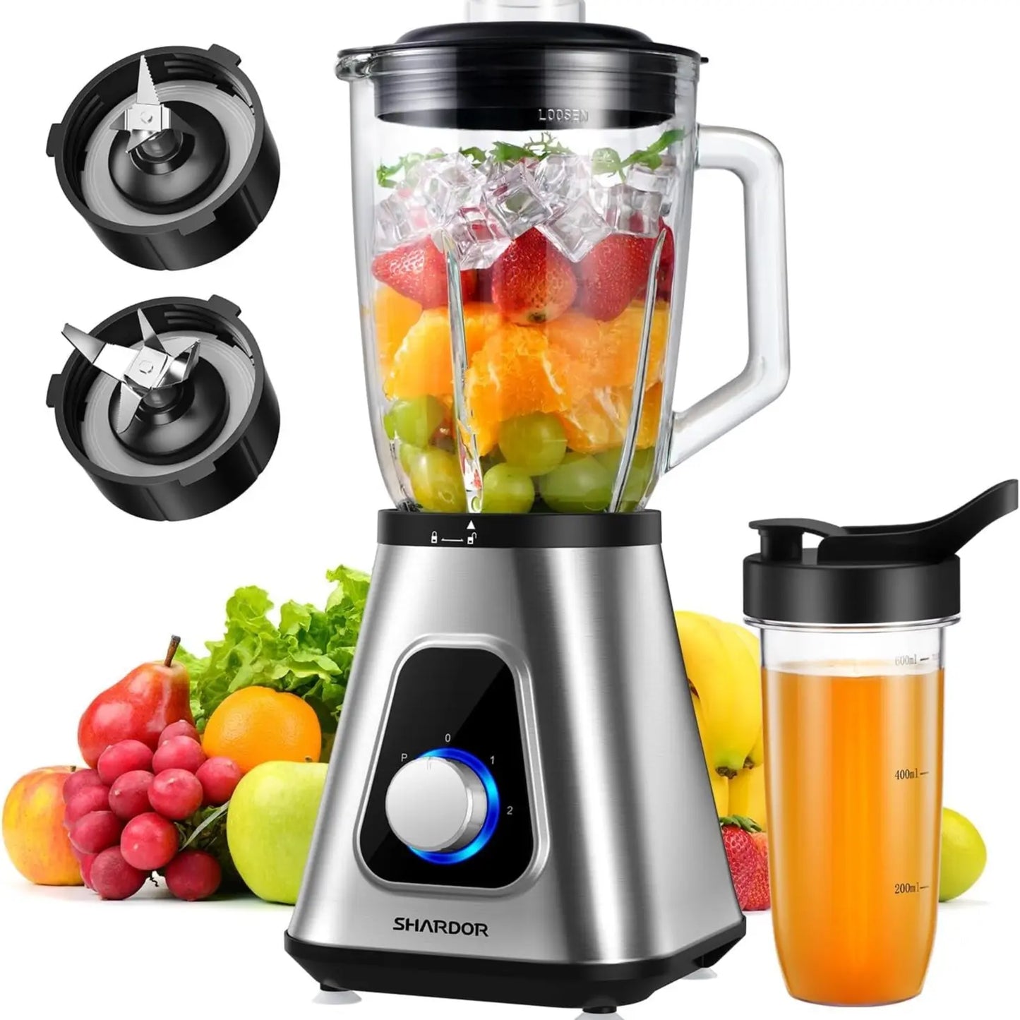 Professional Blender for Kitchen, 1200 Peak Watts Smoothie Blender, 5 Functions for Ice Crushing & Frozen Fruit, 52 Oz Glass Jar & 24 Oz To-Go Cup Combo, Self-Cleaning, Black Summervibes Powerful Juicer Machine Home Multifunction Juicer