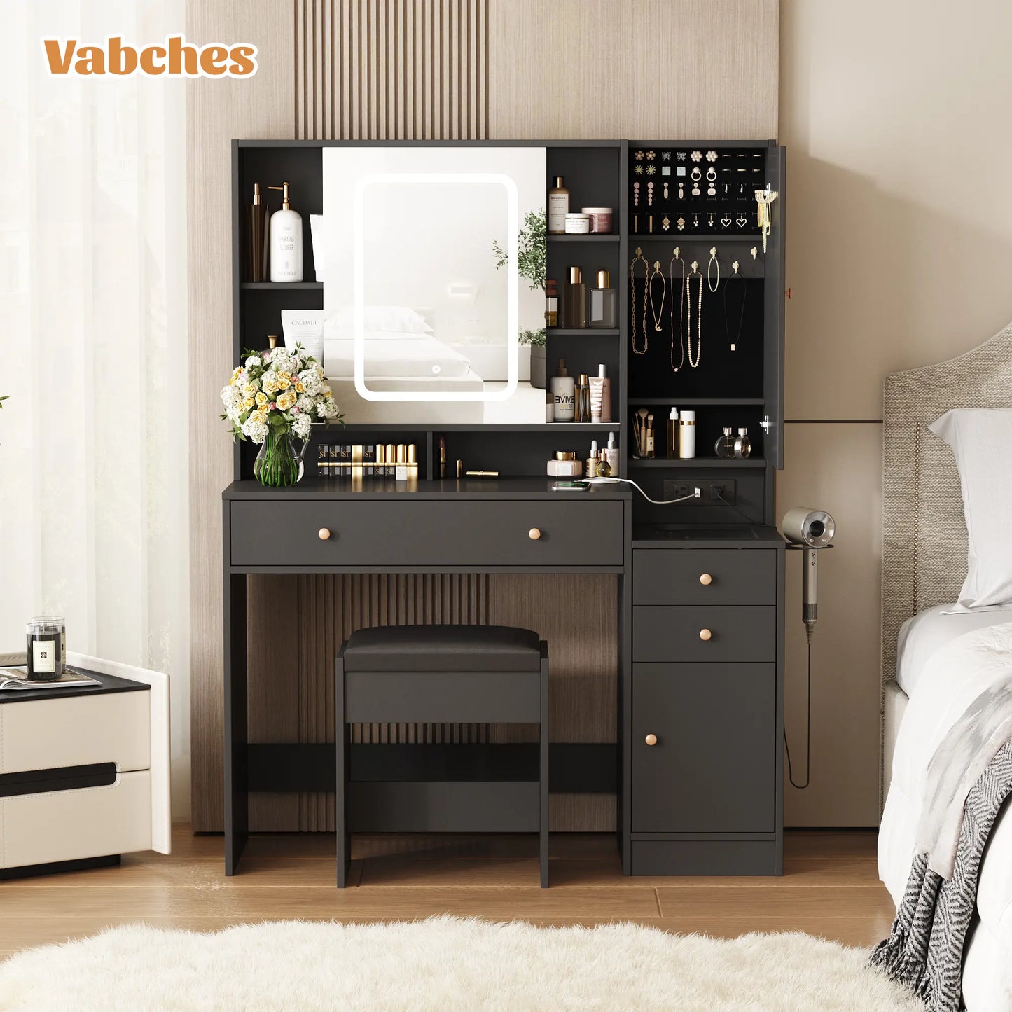 Modern LED Vanity Table with Mirror and Lights, Makeup Vanity Desk with 3 Drawers and Cabinets for Ample Storage by Vabches