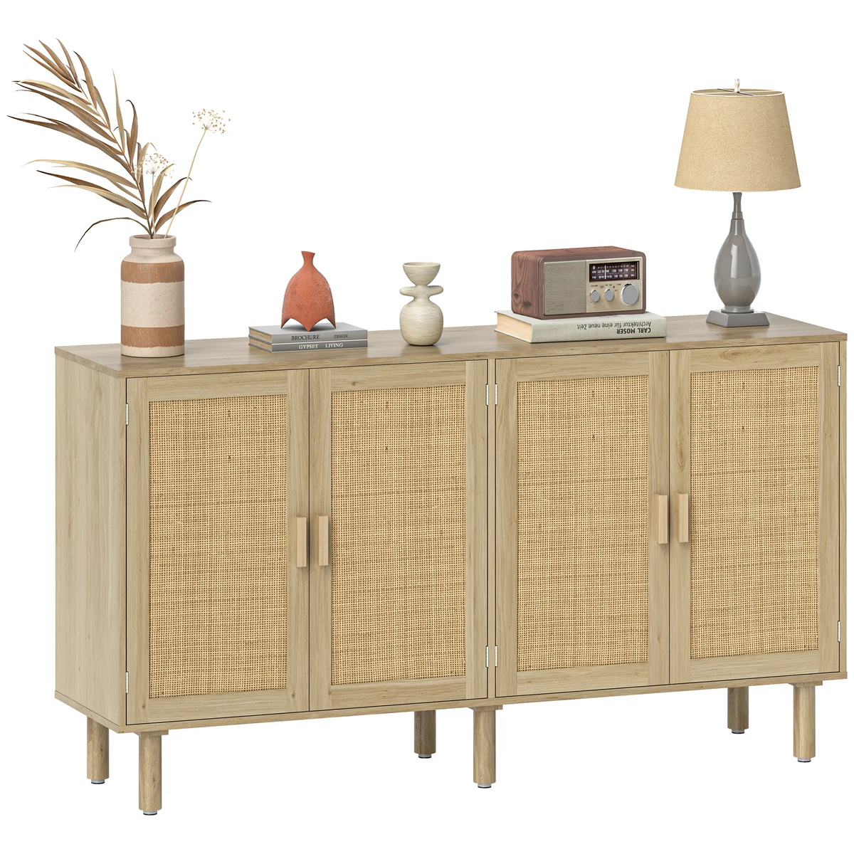Buffet Cabinet, Boho Buffet Table, Rattan Coffee Bar Cabinet with 2/3/4 Doors and Shelves for Kitchen, Living Room, Entryway, Natural HOMCOM Sideboard 