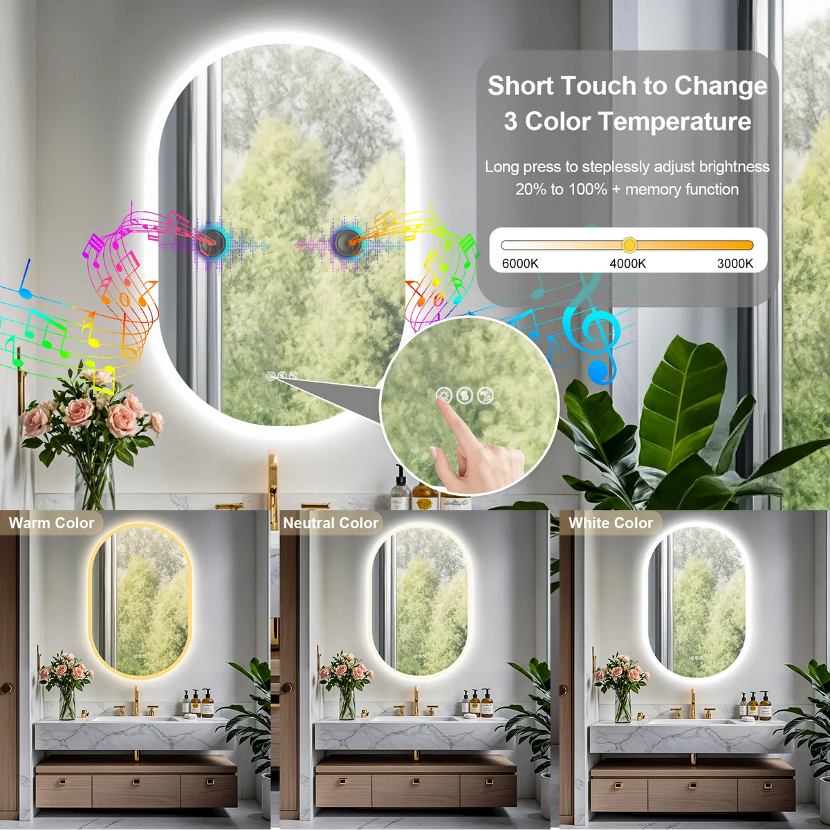 Oval Illuminated Bathroom Vanity Mirror with Bluetooth Speaker Backlit Makeup Mirror