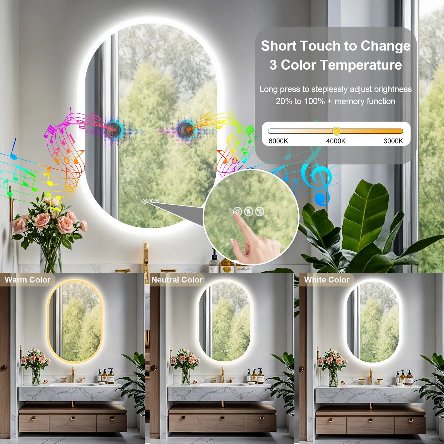 Oval Illuminated Bathroom Vanity Mirror with Bluetooth Speaker Backlit Makeup Mirror
