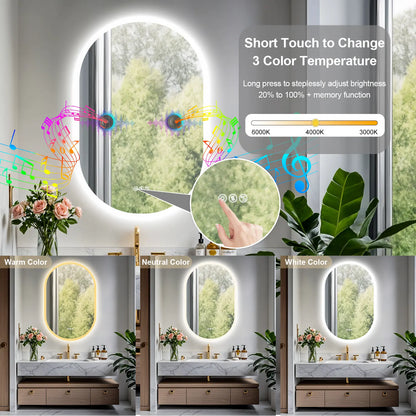 Oval Illuminated Bathroom Vanity Mirror with Bluetooth Speaker Backlit Makeup Mirror