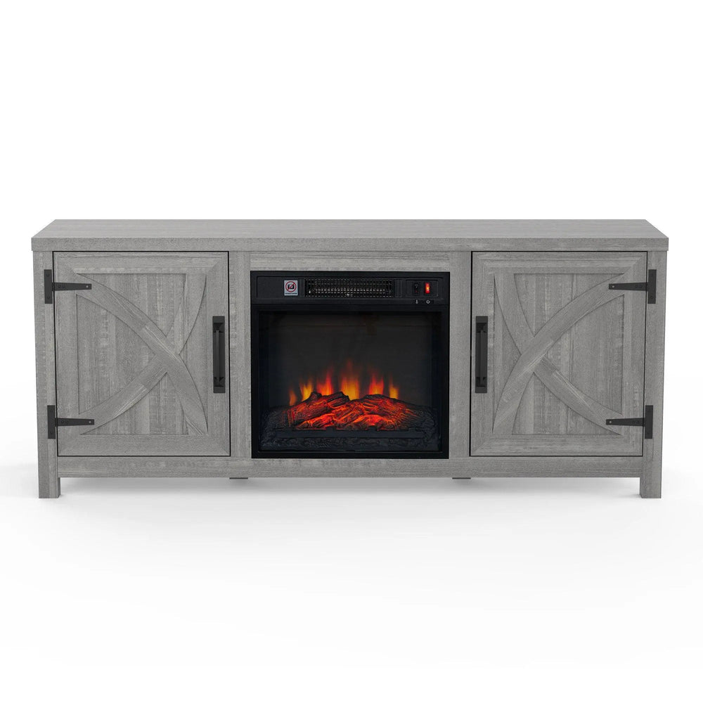 58" Farmhouse TV Stand with 18" Insert Electric Fireplace for Living Room Rustic White Brown Grey Finish PARROT UNCLE MDF Laminate Construction Modern Appeal Christmas Halloween