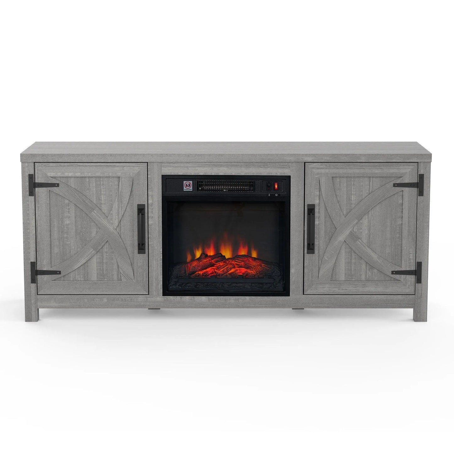 58" Farmhouse TV Stand with 18" Insert Electric Fireplace for Living Room Rustic White Brown Grey Finish PARROT UNCLE MDF Laminate Construction Modern Appeal Christmas Halloween