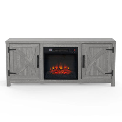 58" Farmhouse TV Stand with 18" Insert Electric Fireplace for Living Room Rustic White Brown Grey Finish PARROT UNCLE MDF Laminate Construction Modern Appeal Christmas Halloween