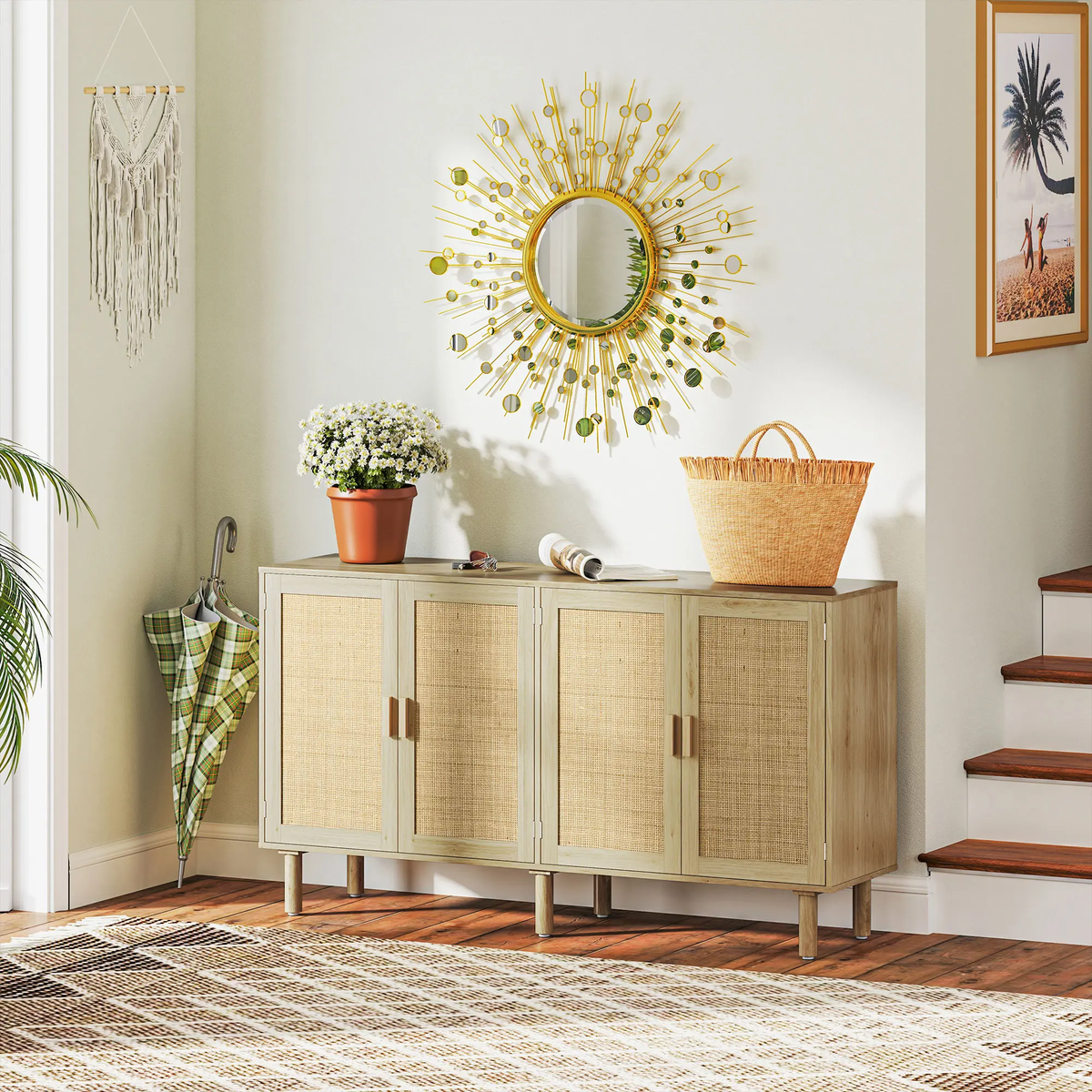 Buffet Cabinet, Boho Buffet Table, Rattan Coffee Bar Cabinet with 2/3/4 Doors and Shelves for Kitchen, Living Room, Entryway, Natural HOMCOM Sideboard 