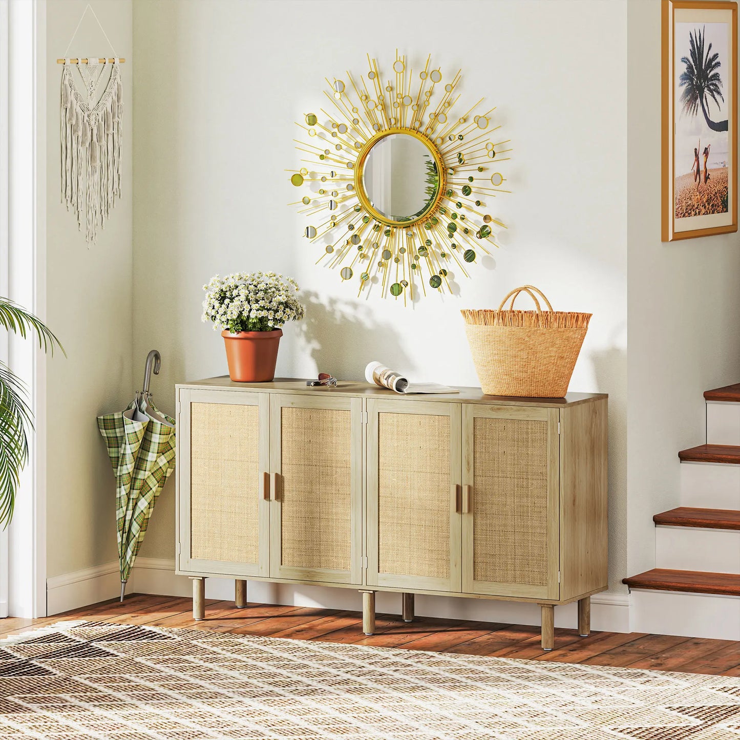 Buffet Cabinet, Boho Buffet Table, Rattan Coffee Bar Cabinet with 2/3/4 Doors and Shelves for Kitchen, Living Room, Entryway, Natural HOMCOM Sideboard 