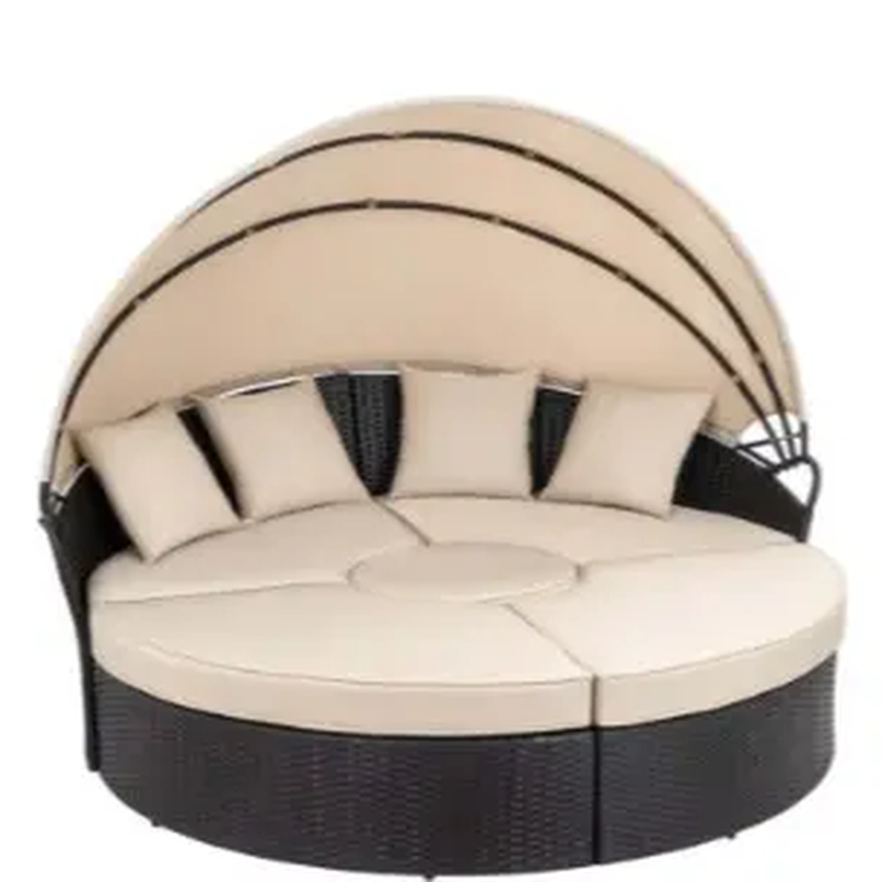 Walsunny Outdoor round Daybed with Retractable Canopy Wicker Rattan Separated Seating Sectional Sofa for Lawn Garden Backyard Porch Patio Furniture 