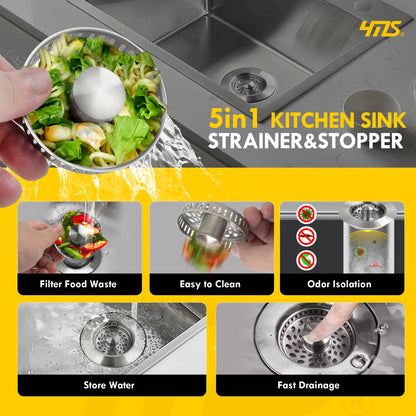 5-In-1 Stainless Steel Sink Aid, Kitchen Sink Drain Strainer Food Catcher, Popup Kitchen Sink Stopper & Odor Filter, Kitchen Sink Strainer Accessories