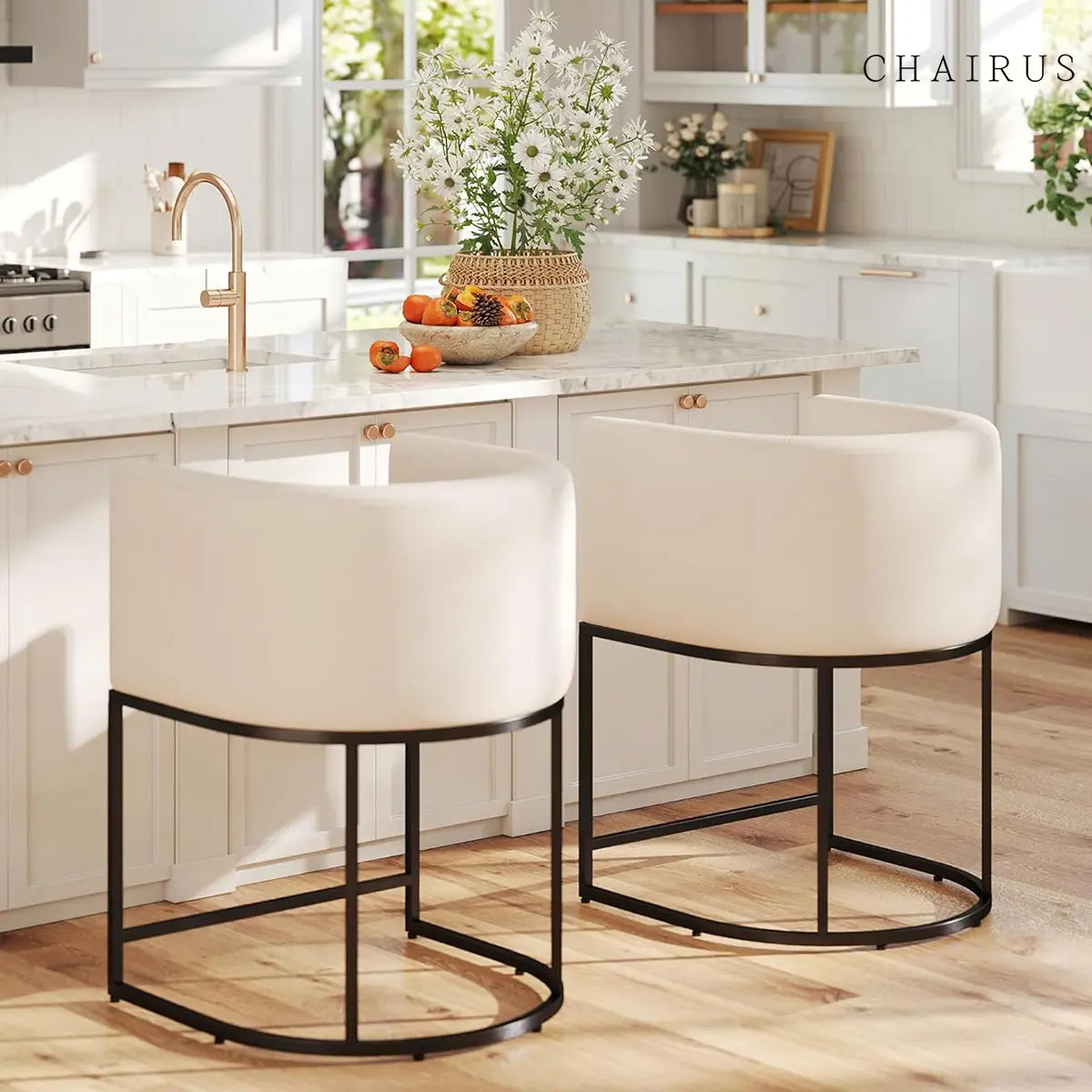  Counter Height Bar Stools, CHAIRUS 24" Modern Barrel Counter Stools with Backrest and Arms, Linen Fabric Bar Chairs with Black Metal Frames and Footrest,Upholstered Accent Bar Stools for Kitchen Island, Dining Room,Cream