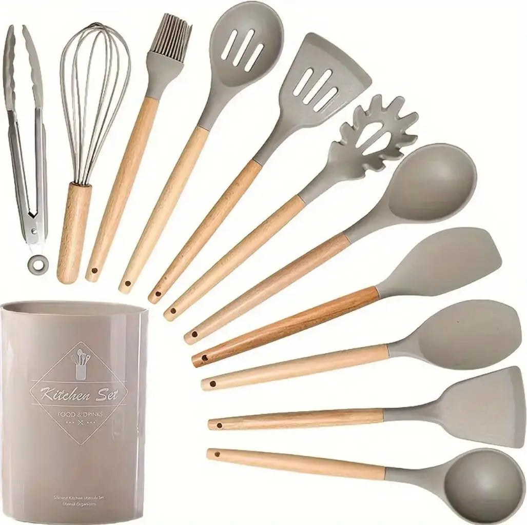 12 Pieces Silicone Kitchen Utensil Set, Wooden Handles, Durable, Heat-Resistant, for Cooking and Baking, Kitchen Supplies, Girly Kitchenware Black