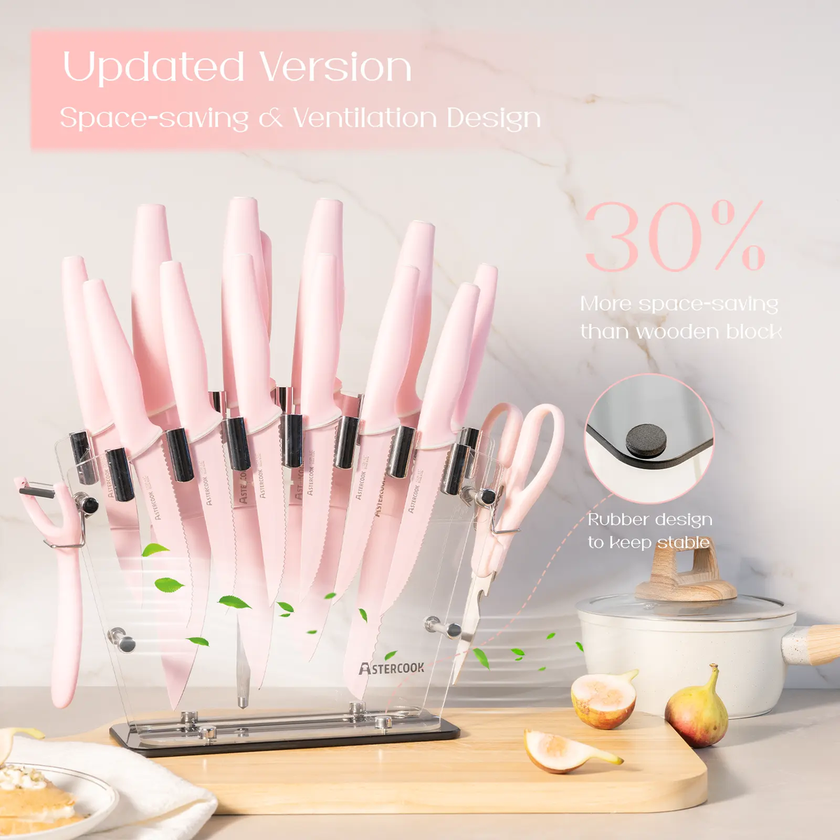 Chef Knife Full Set 16 Pcs- Stand & Measuring Cups Included - Highcarbon Stainless Steel Sharp Serrated Steak Knives, Scissor Knives Block Perfect Balance for Precision Cutting & Slicing