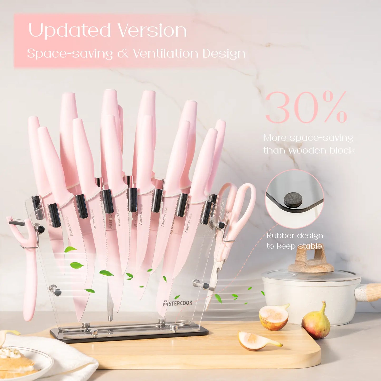 Chef Knife Full Set 16 Pcs- Stand & Measuring Cups Included - Highcarbon Stainless Steel Sharp Serrated Steak Knives, Scissor Knives Block Perfect Balance for Precision Cutting & Slicing