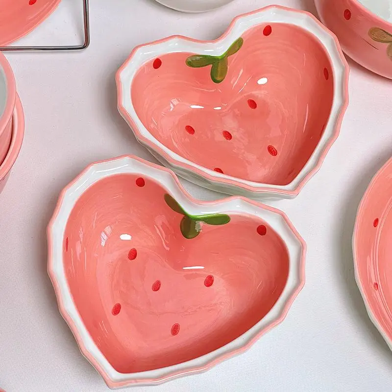 Heart-Shaped Ceramic Bowl with Spoon, Creative Strawberry Pattern Bowl & Spoon, Durable Tableware for Kitchen, Household Dining Plate Set, Ceramic Dish Set, Durable Utensils Tableware