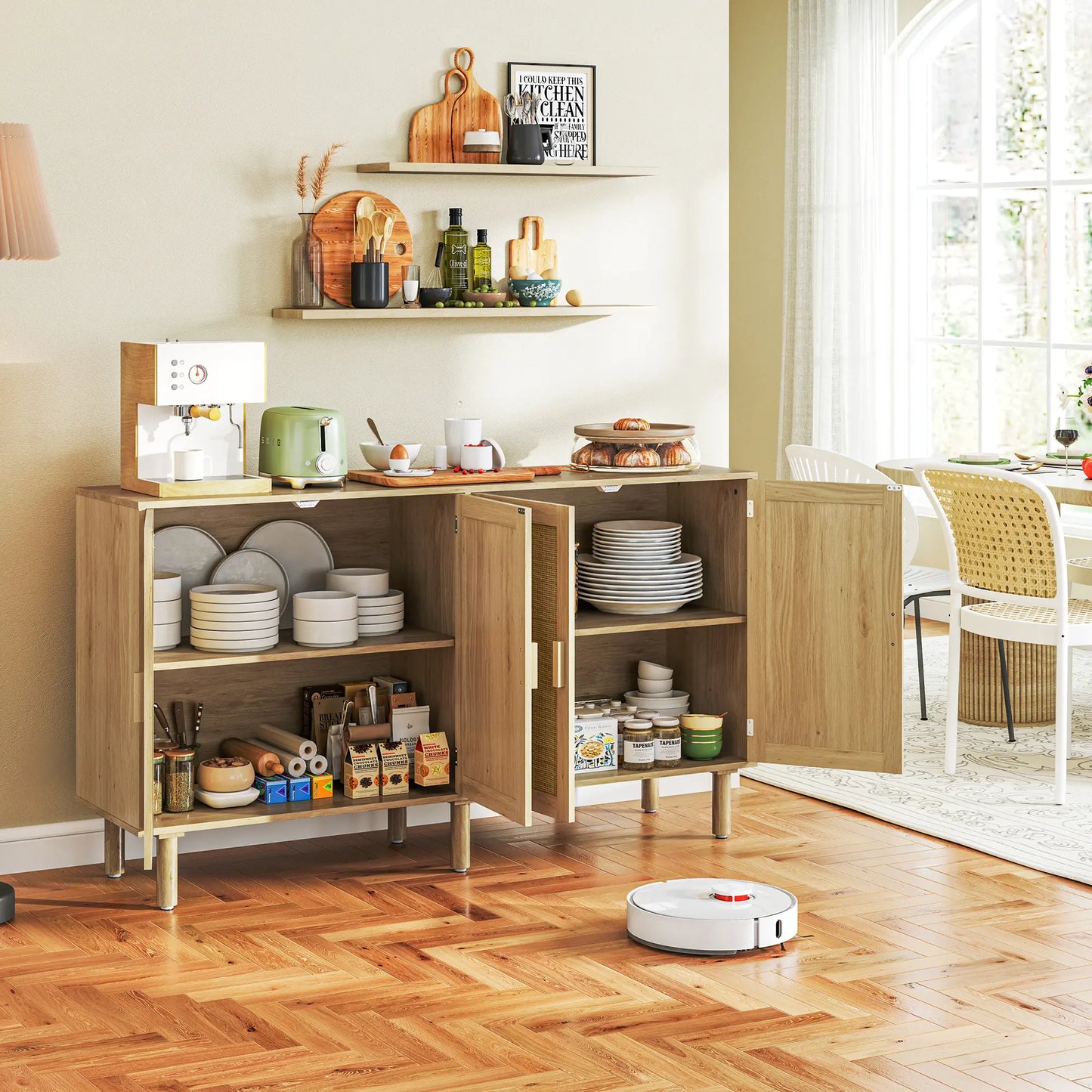 Buffet Cabinet, Boho Buffet Table, Rattan Coffee Bar Cabinet with 2/3/4 Doors and Shelves for Kitchen, Living Room, Entryway, Natural HOMCOM Sideboard 