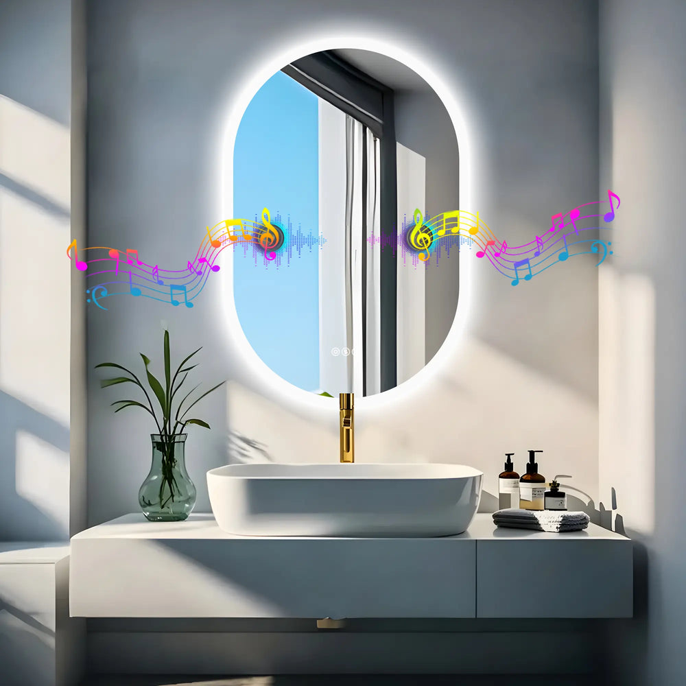 Oval Illuminated Bathroom Vanity Mirror with Bluetooth Speaker Backlit Makeup Mirror