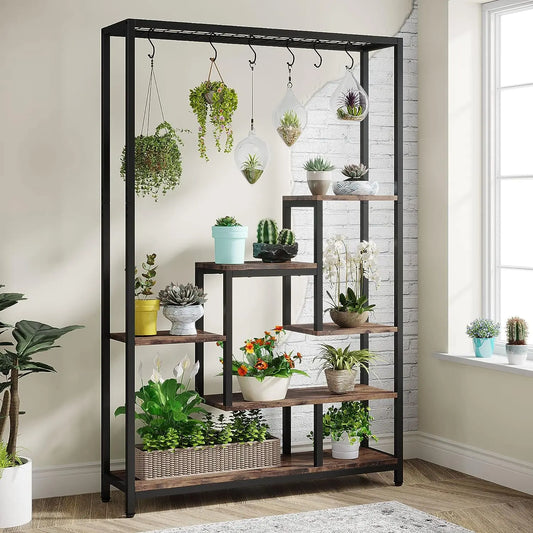 Large 5-Tier Indoor Plant Stand Tall with 10 PCS Hanging Hooks, Organiser, Metal Rack Shelf Decoration by Tribesigns 