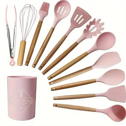 12 Pieces Silicone Kitchen Utensil Set, Wooden Handles, Durable, Heat-Resistant, for Cooking and Baking, Kitchen Supplies, Girly Kitchenware Black