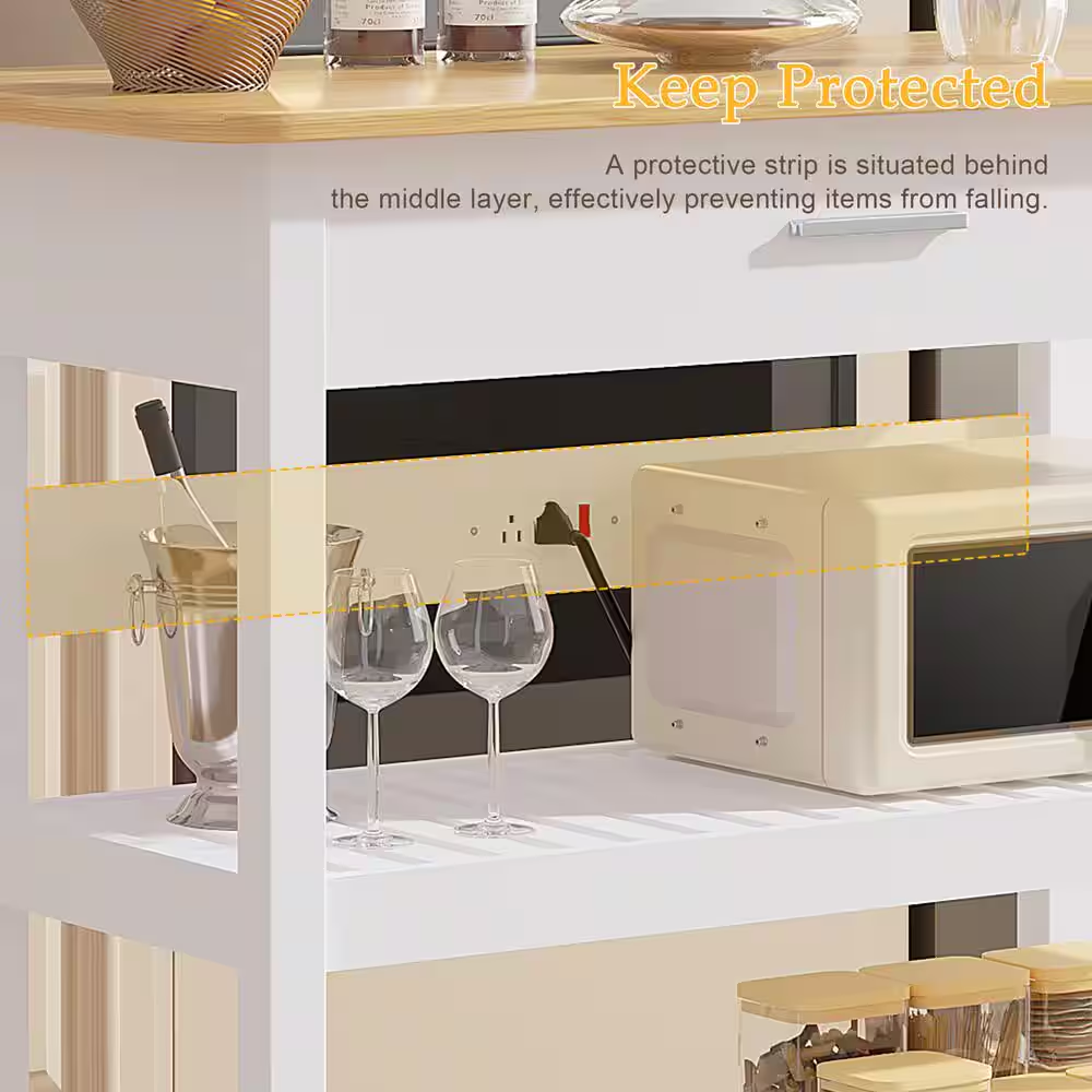 Kitchen Island Cart on Wheels, 40 In. Rolling Utility Cart with Power Strip, White Wood Top Shelves for Kitchen Storage