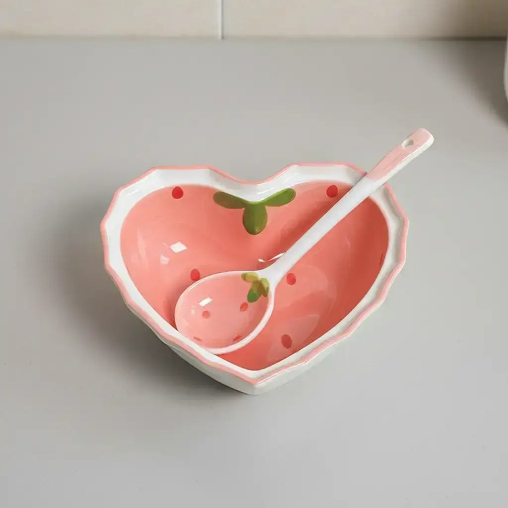 Heart-Shaped Ceramic Bowl with Spoon, Creative Strawberry Pattern Bowl & Spoon, Durable Tableware for Kitchen, Household Dining Plate Set, Ceramic Dish Set, Durable Utensils Tableware