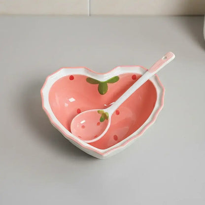 Heart-Shaped Ceramic Bowl with Spoon, Creative Strawberry Pattern Bowl & Spoon, Durable Tableware for Kitchen, Household Dining Plate Set, Ceramic Dish Set, Durable Utensils Tableware