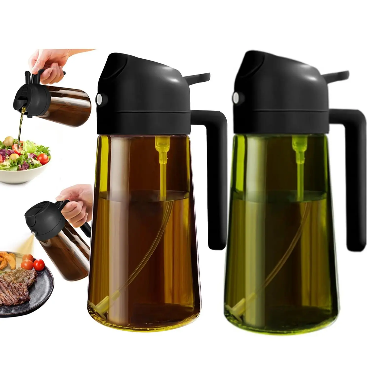2 Count 2 in 1 Oil Sprayer for Cooking 16Oz/470Ml Light-Blocking Dark , Olive Oil Dispenser Bottle for Cooking, Grilling Organiser Tin Canister Kitchen Gadgets Kitchenware