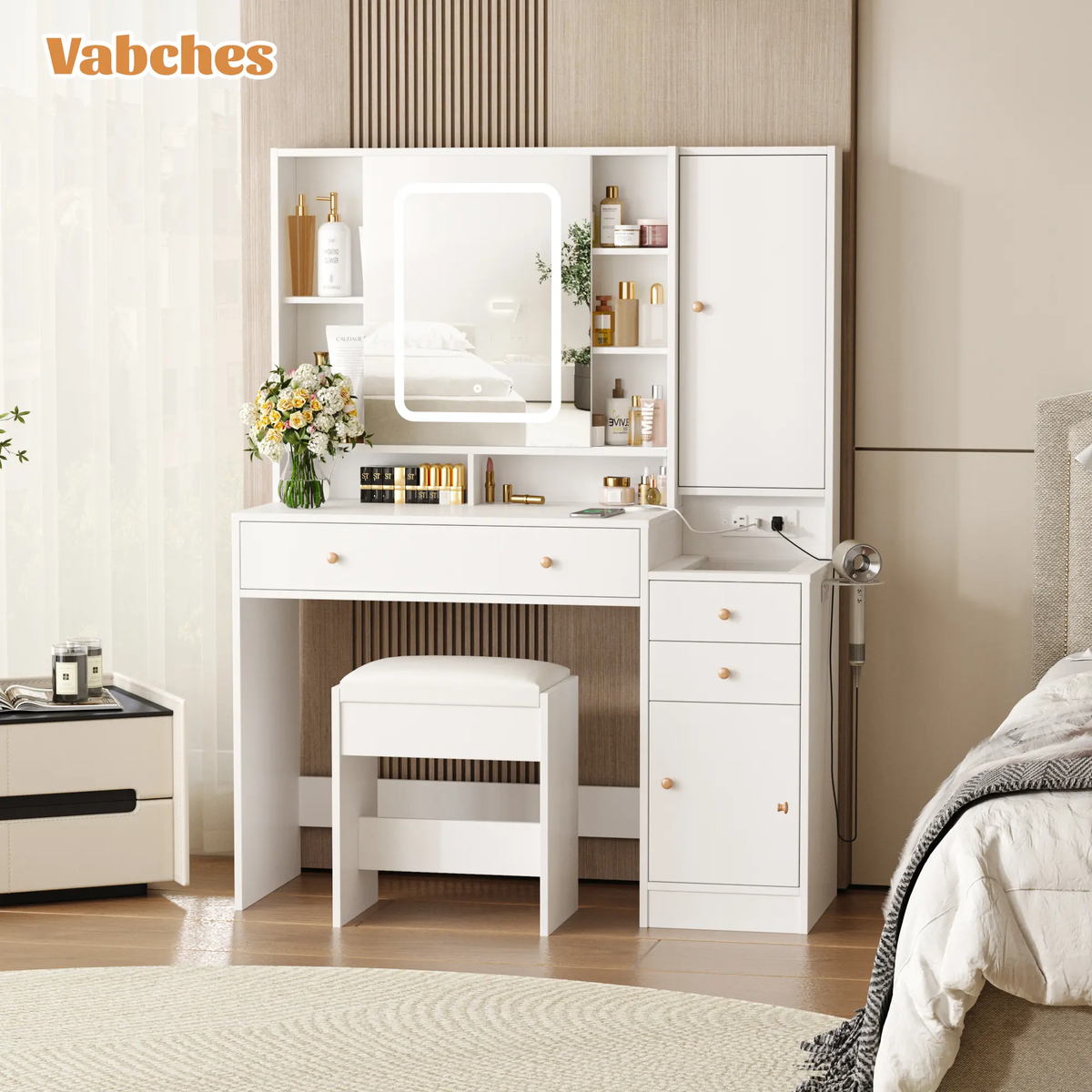 Modern LED Vanity Table with Mirror and Lights, Makeup Vanity Desk with 3 Drawers and Cabinets for Ample Storage by Vabches 