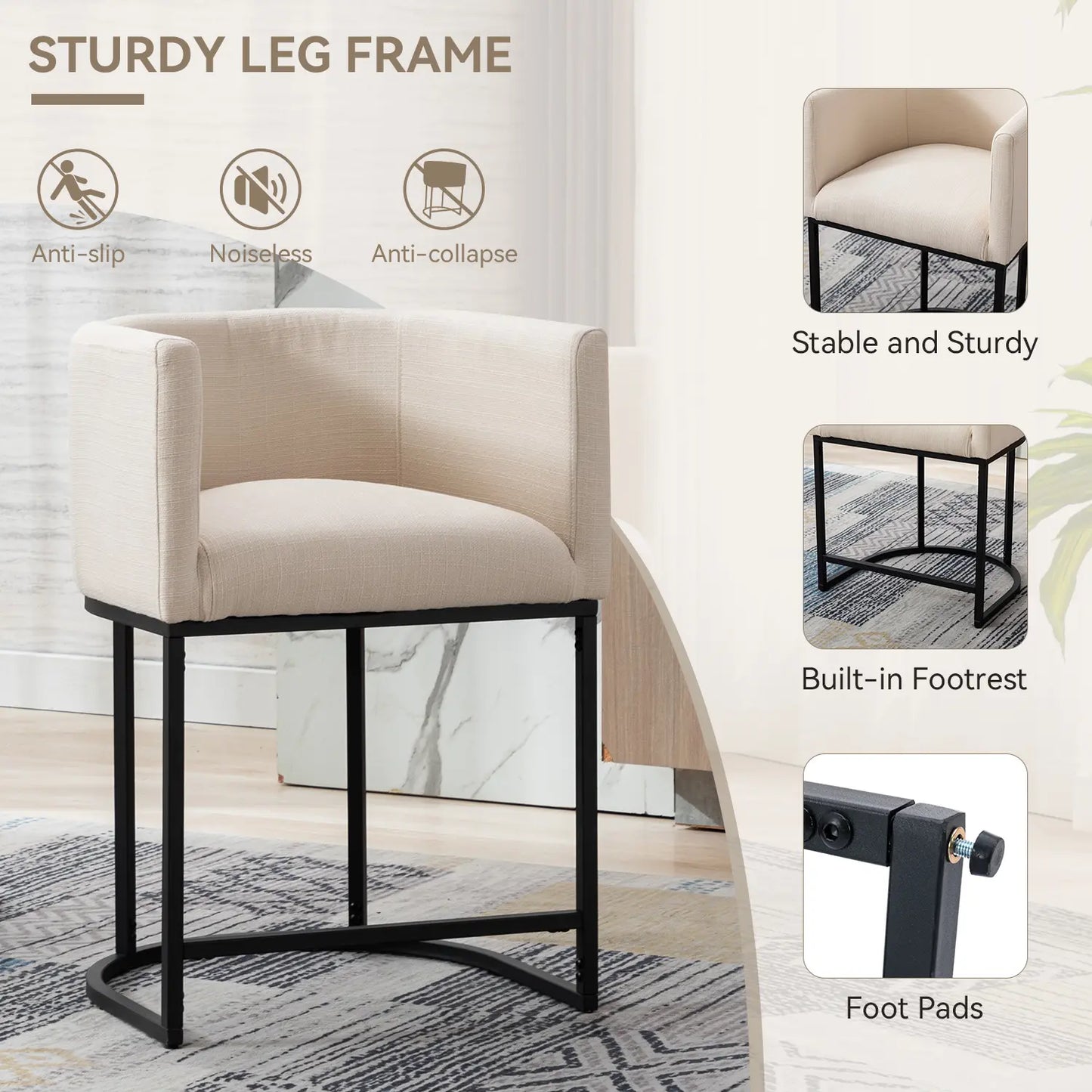  Counter Height Bar Stools, CHAIRUS 24" Modern Barrel Counter Stools with Backrest and Arms, Linen Fabric Bar Chairs with Black Metal Frames and Footrest,Upholstered Accent Bar Stools for Kitchen Island, Dining Room,Cream