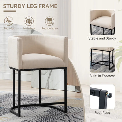  Counter Height Bar Stools, CHAIRUS 24" Modern Barrel Counter Stools with Backrest and Arms, Linen Fabric Bar Chairs with Black Metal Frames and Footrest,Upholstered Accent Bar Stools for Kitchen Island, Dining Room,Cream