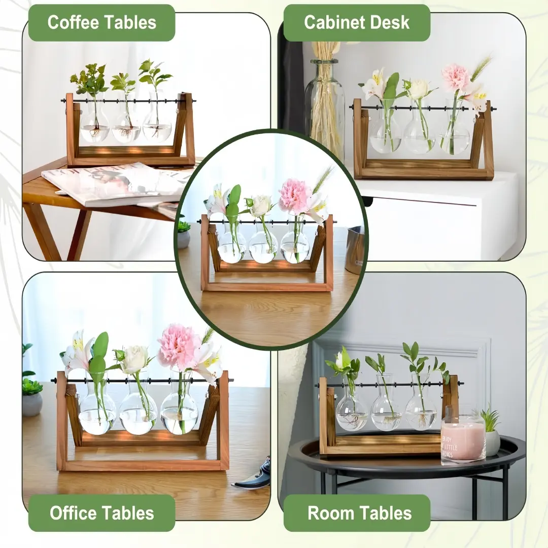 Plant Terrarium with Wooden Stand Air Planter Bulb Glass Vase Metal Swivel Holder Retro Tabletop for Hydroponics Home Garden Office Decoration - 3 Bulb Vase Plant Lover'S Choice