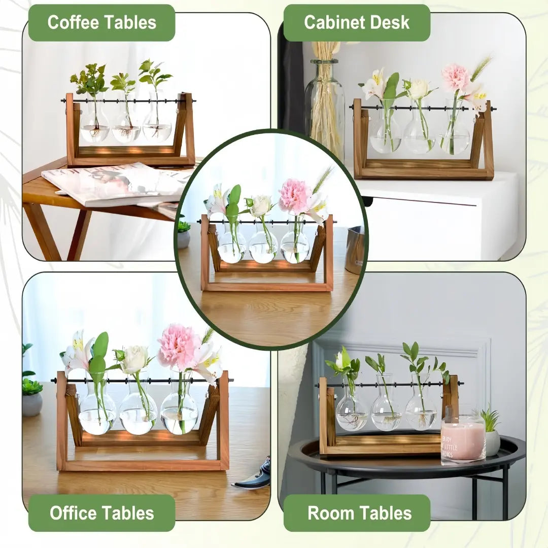 Plant Terrarium with Wooden Stand Air Planter Bulb Glass Vase Metal Swivel Holder Retro Tabletop for Hydroponics Home Garden Office Decoration - 3 Bulb Vase Plant Lover'S Choice