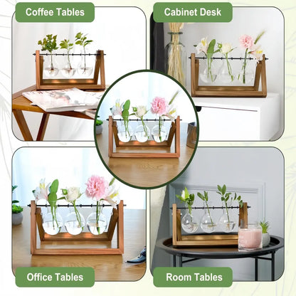Plant Terrarium with Wooden Stand Air Planter Bulb Glass Vase Metal Swivel Holder Retro Tabletop for Hydroponics Home Garden Office Decoration - 3 Bulb Vase Plant Lover'S Choice