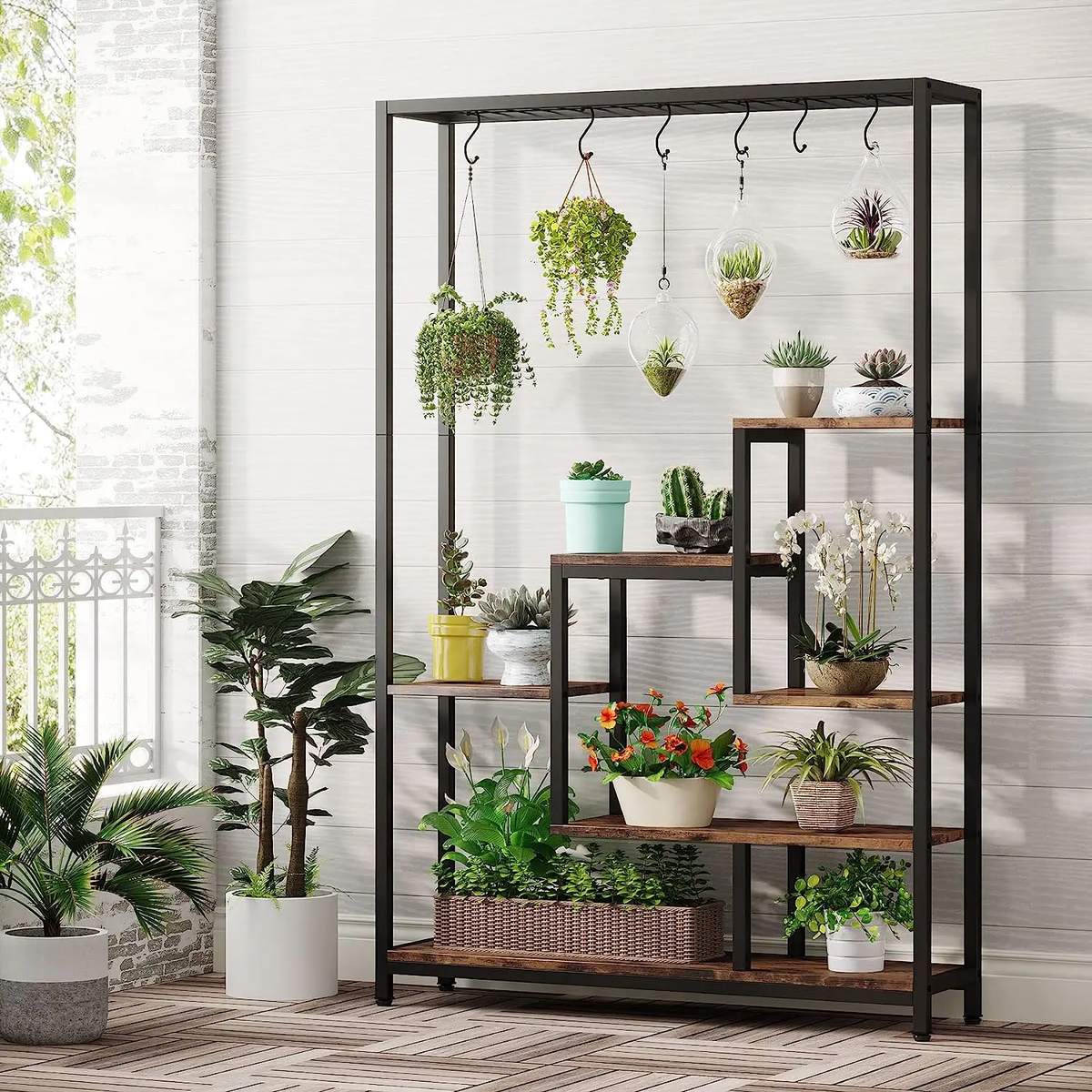 Large 5-Tier Indoor Plant Stand Tall with 10 PCS Hanging Hooks, Organiser, Metal Rack Shelf Decoration by Tribesigns 