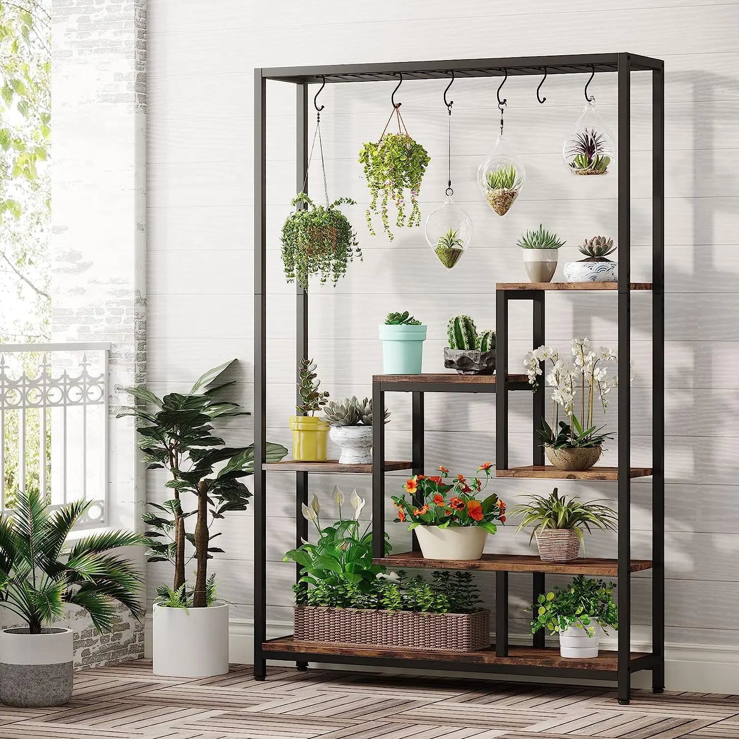 Large 5-Tier Indoor Plant Stand Tall with 10 PCS Hanging Hooks, Organiser, Metal Rack Shelf Decoration by Tribesigns 
