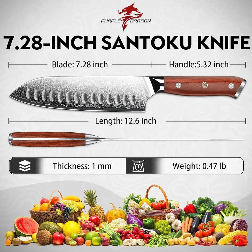 Purple Dragon Damascus Santoku Knife 7 Inch, VG10 Steel Japanese Chef Knife for Kitchen Cooking Meat Cleaver, Cutting Vegetables and Fruit, Gift Box