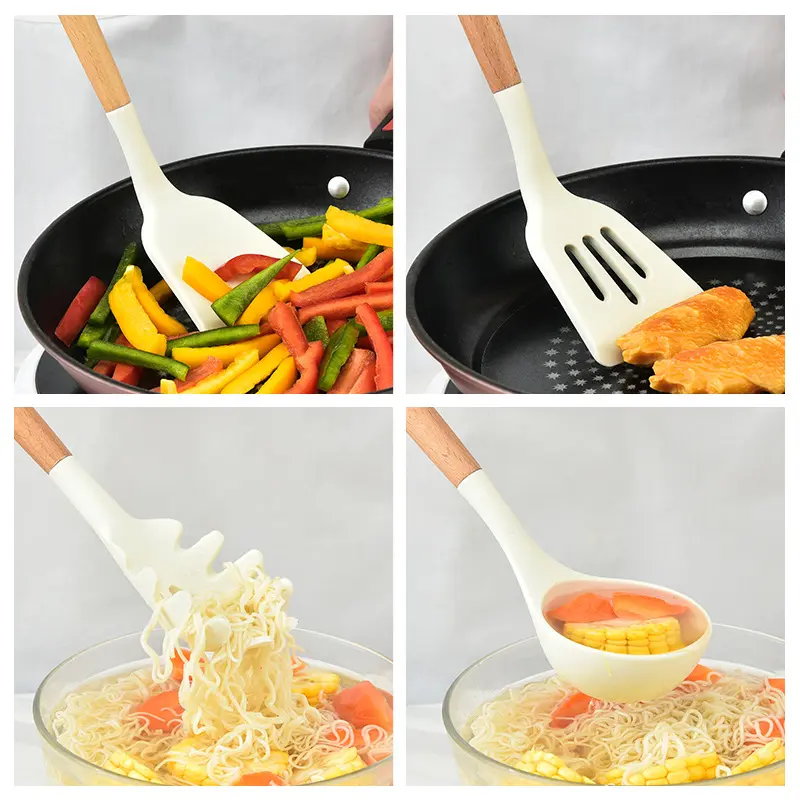 12 Pieces Silicone Kitchen Utensil Set, Wooden Handles, Durable, Heat-Resistant, for Cooking and Baking, Kitchen Supplies, Girly Kitchenware Black