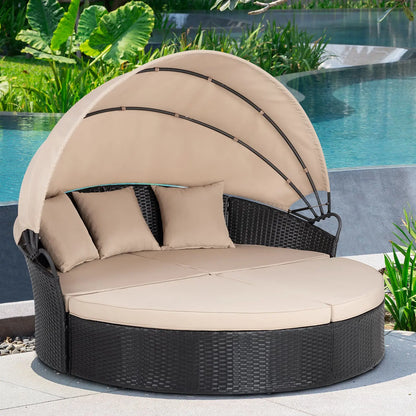 Walsunny Outdoor round Daybed with Retractable Canopy Wicker Rattan Separated Seating Sectional Sofa for Lawn Garden Backyard Porch Patio Furniture 