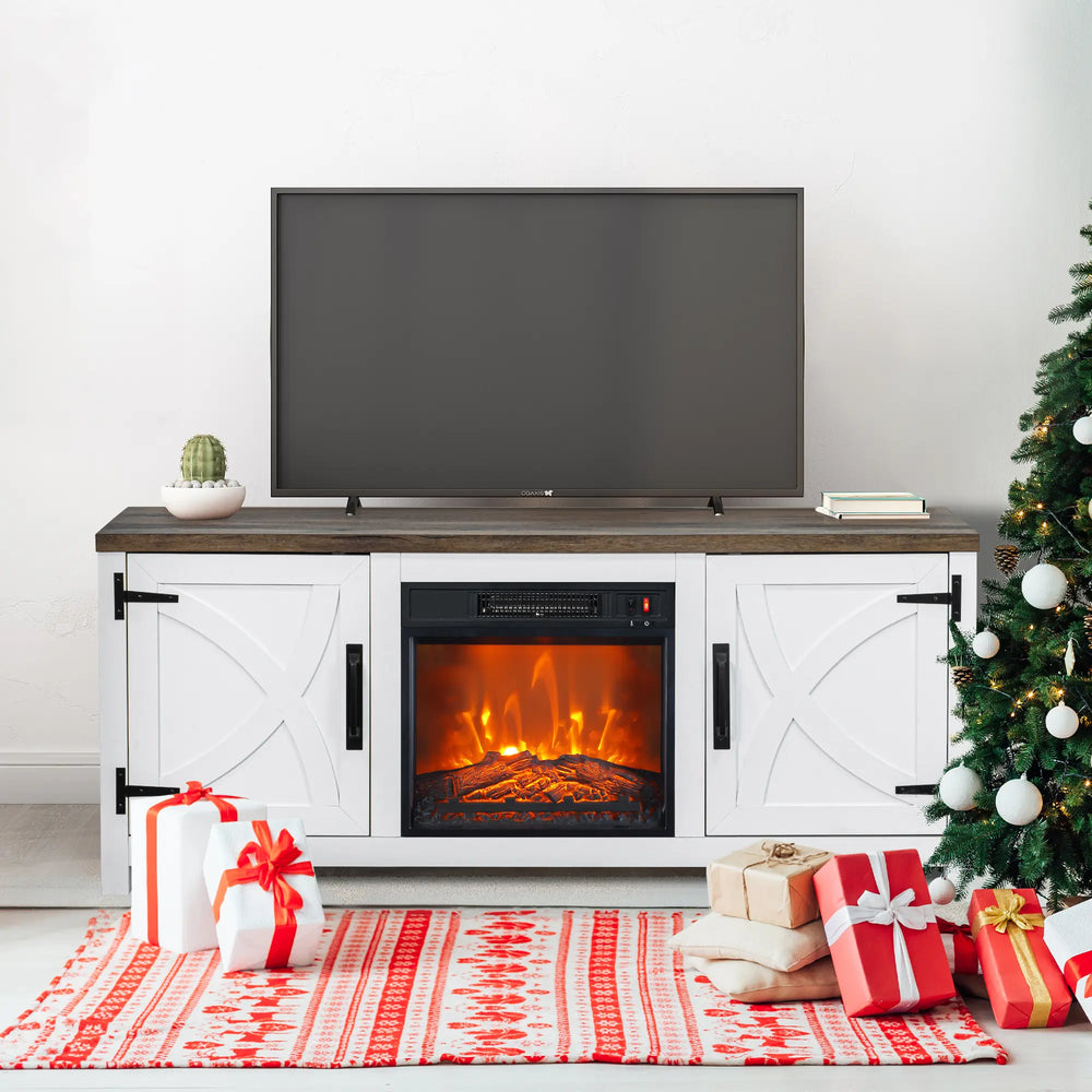 58" Farmhouse TV Stand with 18" Insert Electric Fireplace for Living Room Rustic White Brown Grey Finish PARROT UNCLE MDF Laminate Construction Modern Appeal Christmas Halloween
