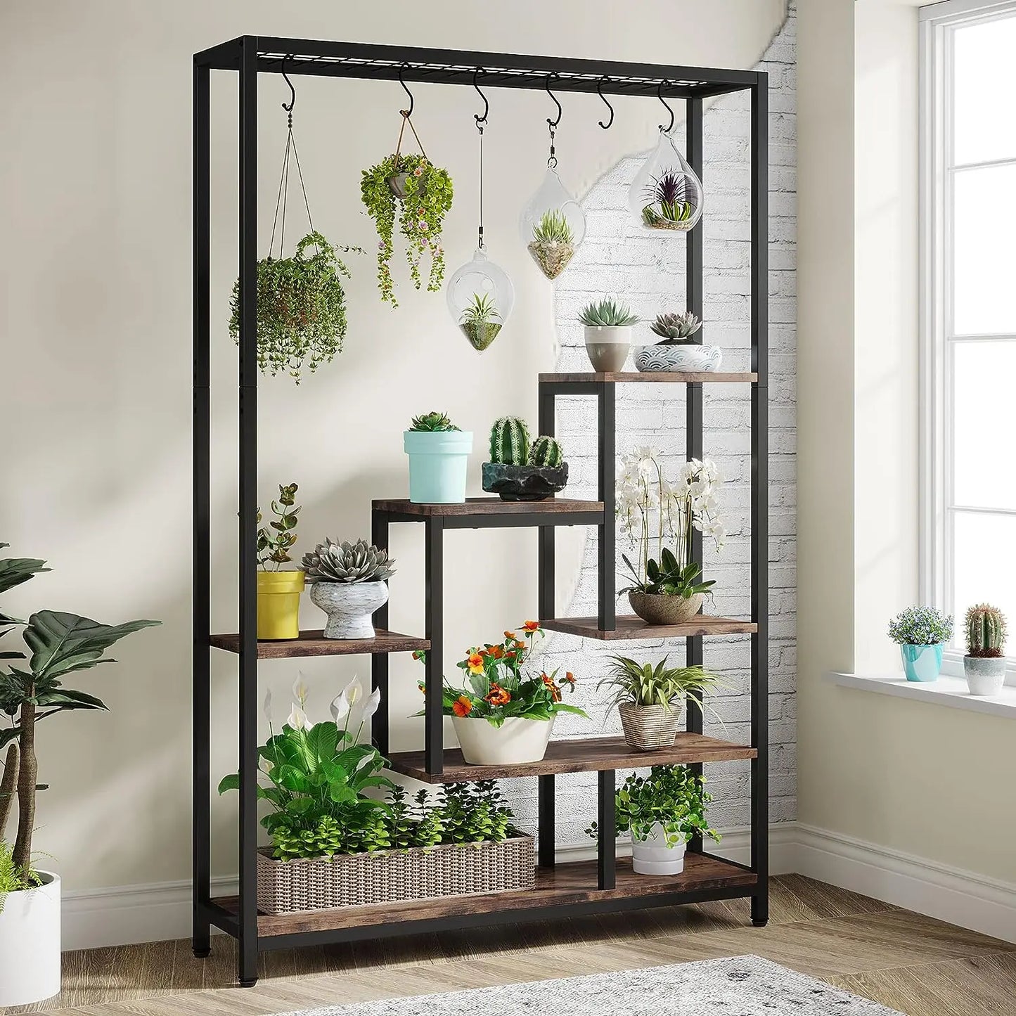 Large 5-Tier Indoor Plant Stand Tall with 10 PCS Hanging Hooks, Organiser, Metal Rack Shelf Decoration by Tribesigns 