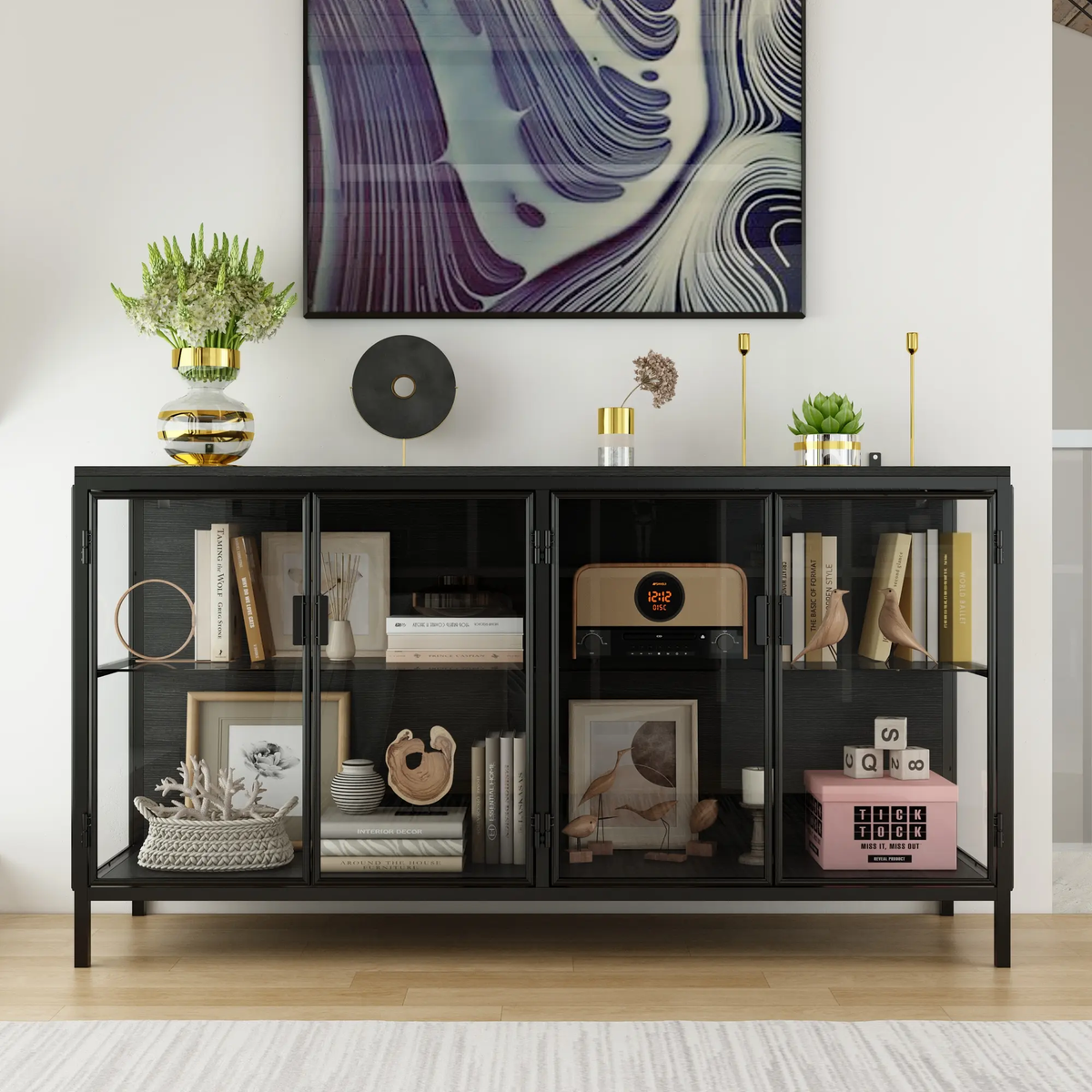 FUFU&GAGA Storage Cabinet with 3-Color LED Lights Glass Shelves & 4 Compartments Modern Display Cabinet for Living Room Dining Room Solid Metal Legs Adjustable Lighting