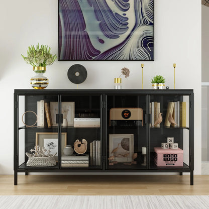 FUFU&GAGA Storage Cabinet with 3-Color LED Lights Glass Shelves & 4 Compartments Modern Display Cabinet for Living Room Dining Room Solid Metal Legs Adjustable Lighting