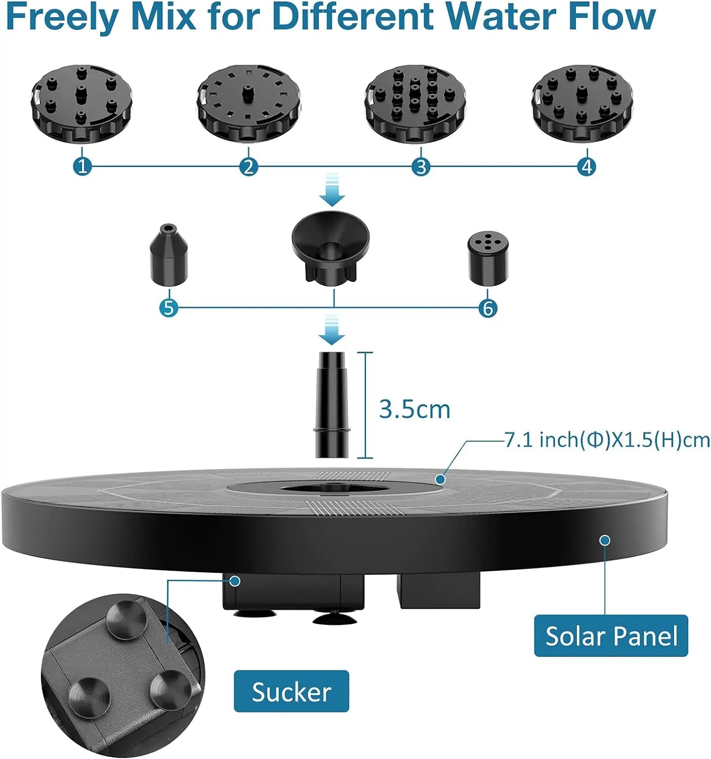Solar Fountain, Solar Powered Fountain Pump with 6 Nozzles, Solar Birdbath Fountains for Bird Baths, Garden Decoration, Ponds, Fish Tank and Aquarium AISITIN 3.5W 