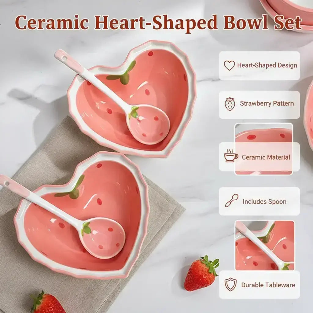 Heart-Shaped Ceramic Bowl with Spoon, Creative Strawberry Pattern Bowl & Spoon, Durable Tableware for Kitchen, Household Dining Plate Set, Ceramic Dish Set, Durable Utensils Tableware