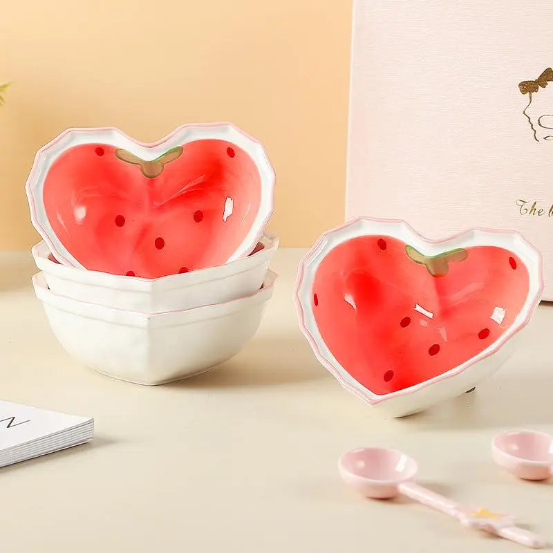 Heart-Shaped Ceramic Bowl with Spoon, Creative Strawberry Pattern Bowl & Spoon, Durable Tableware for Kitchen, Household Dining Plate Set, Ceramic Dish Set, Durable Utensils Tableware
