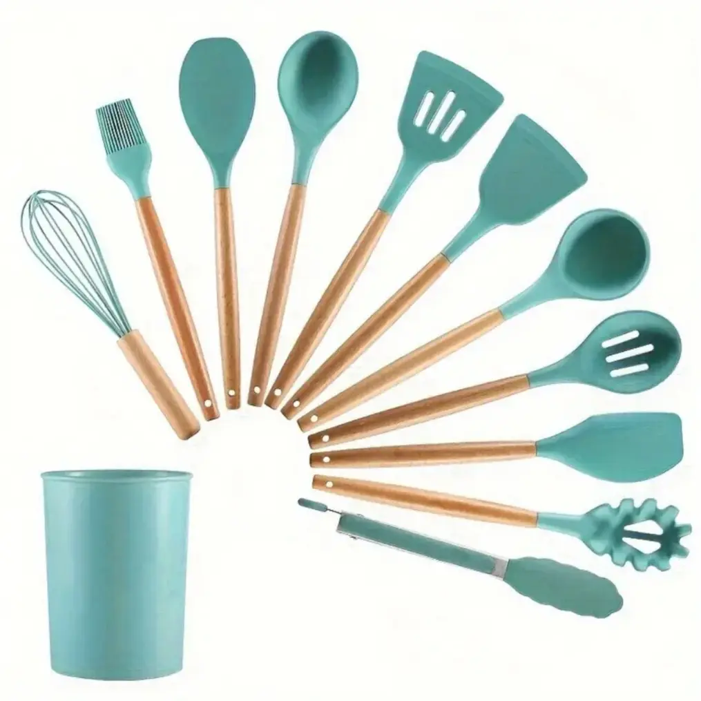 12 Pieces Silicone Kitchen Utensil Set, Wooden Handles, Durable, Heat-Resistant, for Cooking and Baking, Kitchen Supplies, Girly Kitchenware Black