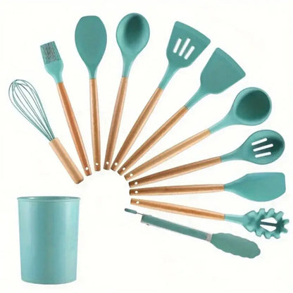 12 Pieces Silicone Kitchen Utensil Set, Wooden Handles, Durable, Heat-Resistant, for Cooking and Baking, Kitchen Supplies, Girly Kitchenware Black