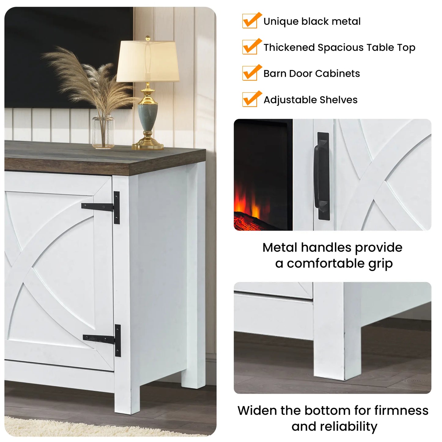 58" Farmhouse TV Stand with 18" Insert Electric Fireplace for Living Room Rustic White Brown Grey Finish PARROT UNCLE MDF Laminate Construction Modern Appeal Christmas Halloween